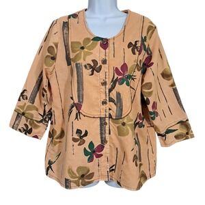 Produce Company Women Linen Blend Brown Abstract Art Button Up Shirt USA M‎